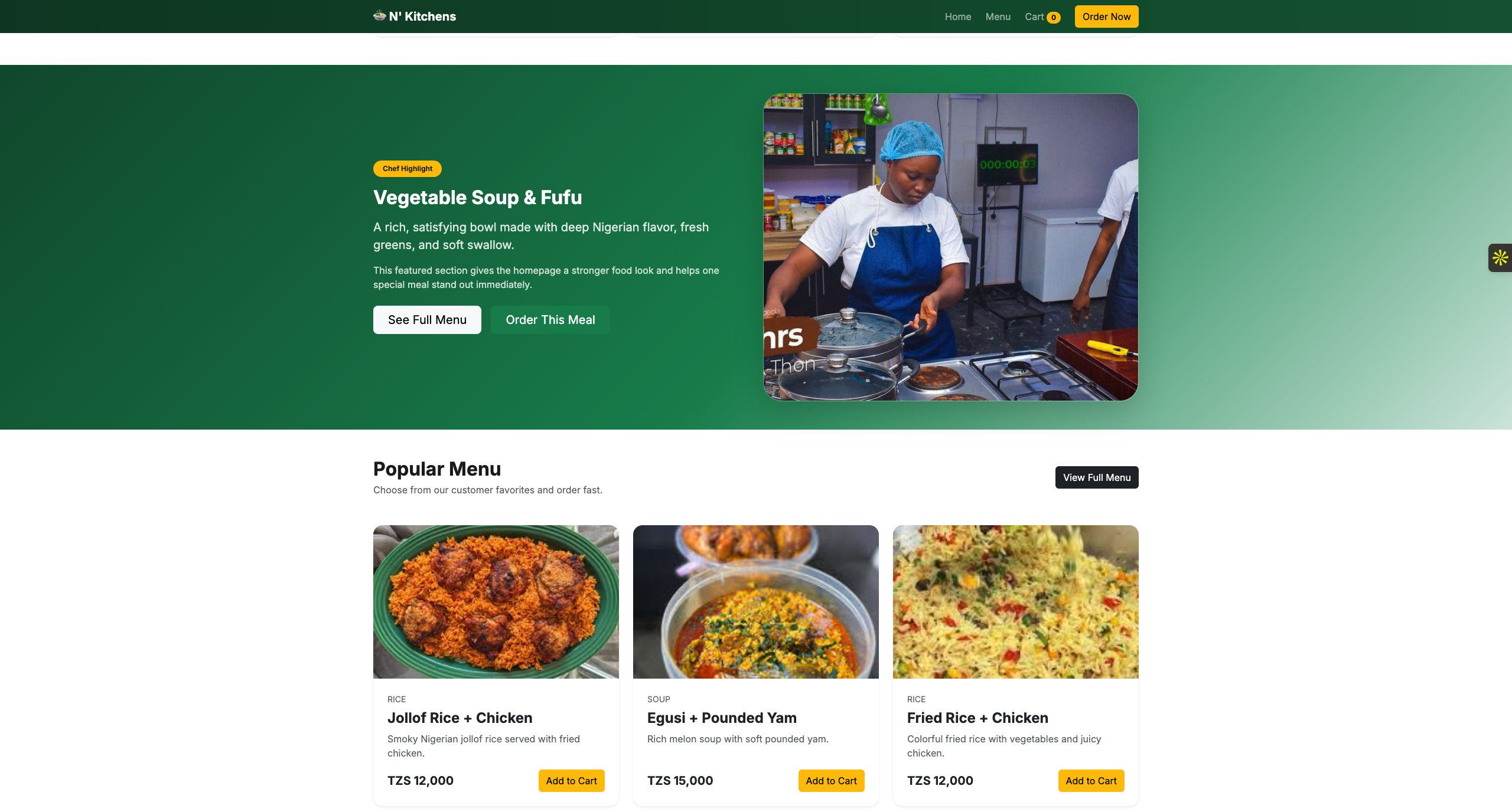 NKitchens restaurant website homepage